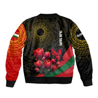 Tajikistan Bomber Jacket Tulip with Red Floral Butterfly with Black Gold Folk Pattern
