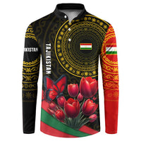 Tajikistan Button Sweatshirt Tulip with Red Floral Butterfly with Black Gold Folk Pattern