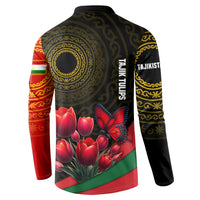 Tajikistan Button Sweatshirt Tulip with Red Floral Butterfly with Black Gold Folk Pattern