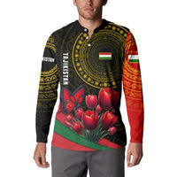 Tajikistan Button Sweatshirt Tulip with Red Floral Butterfly with Black Gold Folk Pattern