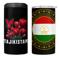 Tajikistan 4 in 1 Can Cooler Tumbler Tulip with Red Floral Butterfly with Black Gold Folk Pattern
