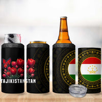 Tajikistan 4 in 1 Can Cooler Tumbler Tulip with Red Floral Butterfly with Black Gold Folk Pattern