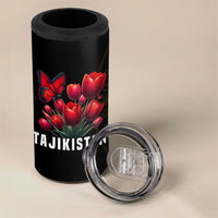Tajikistan 4 in 1 Can Cooler Tumbler Tulip with Red Floral Butterfly with Black Gold Folk Pattern