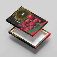 Tajikistan Canvas Wall Art Tulip with Red Floral Butterfly with Black Gold Folk Pattern