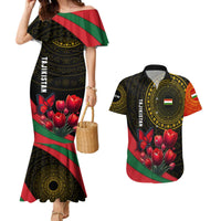 Tajikistan Couples Matching Mermaid Dress and Hawaiian Shirt Tulip with Red Floral Butterfly with Black Gold Folk Pattern
