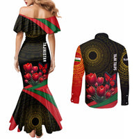 Tajikistan Couples Matching Mermaid Dress and Long Sleeve Button Shirt Tulip with Red Floral Butterfly with Black Gold Folk Pattern