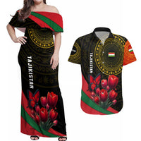 Tajikistan Couples Matching Off Shoulder Maxi Dress and Hawaiian Shirt Tulip with Red Floral Butterfly with Black Gold Folk Pattern