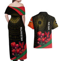 Tajikistan Couples Matching Off Shoulder Maxi Dress and Hawaiian Shirt Tulip with Red Floral Butterfly with Black Gold Folk Pattern
