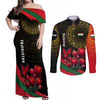 Tajikistan Couples Matching Off Shoulder Maxi Dress and Long Sleeve Button Shirt Tulip with Red Floral Butterfly with Black Gold Folk Pattern