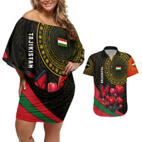 Tajikistan Couples Matching Off Shoulder Short Dress and Hawaiian Shirt Tulip with Red Floral Butterfly with Black Gold Folk Pattern