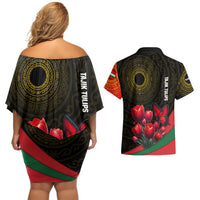 Tajikistan Couples Matching Off Shoulder Short Dress and Hawaiian Shirt Tulip with Red Floral Butterfly with Black Gold Folk Pattern