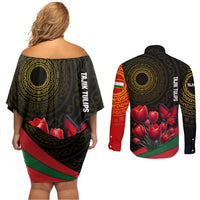 Tajikistan Couples Matching Off Shoulder Short Dress and Long Sleeve Button Shirt Tulip with Red Floral Butterfly with Black Gold Folk Pattern