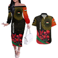 Tajikistan Couples Matching Off The Shoulder Long Sleeve Dress and Hawaiian Shirt Tulip with Red Floral Butterfly with Black Gold Folk Pattern