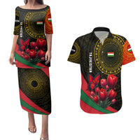 Tajikistan Couples Matching Puletasi and Hawaiian Shirt Tulip with Red Floral Butterfly with Black Gold Folk Pattern