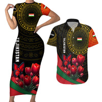 Tajikistan Couples Matching Short Sleeve Bodycon Dress and Hawaiian Shirt Tulip with Red Floral Butterfly with Black Gold Folk Pattern