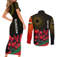 Tajikistan Couples Matching Short Sleeve Bodycon Dress and Long Sleeve Button Shirt Tulip with Red Floral Butterfly with Black Gold Folk Pattern