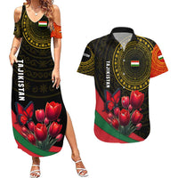 Tajikistan Couples Matching Summer Maxi Dress and Hawaiian Shirt Tulip with Red Floral Butterfly with Black Gold Folk Pattern