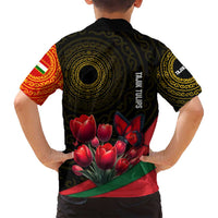 Tajikistan Family Matching Long Sleeve Bodycon Dress and Hawaiian Shirt Tulip with Red Floral Butterfly with Black Gold Folk Pattern