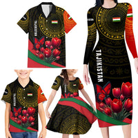 Tajikistan Family Matching Long Sleeve Bodycon Dress and Hawaiian Shirt Tulip with Red Floral Butterfly with Black Gold Folk Pattern
