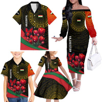 Tajikistan Family Matching Off The Shoulder Long Sleeve Dress and Hawaiian Shirt Tulip with Red Floral Butterfly with Black Gold Folk Pattern