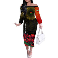 Tajikistan Family Matching Off The Shoulder Long Sleeve Dress and Hawaiian Shirt Tulip with Red Floral Butterfly with Black Gold Folk Pattern