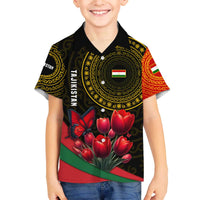 Tajikistan Family Matching Off The Shoulder Long Sleeve Dress and Hawaiian Shirt Tulip with Red Floral Butterfly with Black Gold Folk Pattern