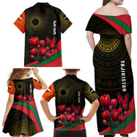 Tajikistan Family Matching Off Shoulder Maxi Dress and Hawaiian Shirt Tulip with Red Floral Butterfly with Black Gold Folk Pattern