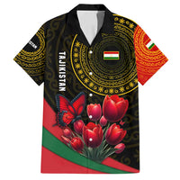 Tajikistan Family Matching Off Shoulder Maxi Dress and Hawaiian Shirt Tulip with Red Floral Butterfly with Black Gold Folk Pattern