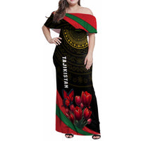 Tajikistan Family Matching Off Shoulder Maxi Dress and Hawaiian Shirt Tulip with Red Floral Butterfly with Black Gold Folk Pattern
