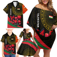 Tajikistan Family Matching Off Shoulder Short Dress and Hawaiian Shirt Tulip with Red Floral Butterfly with Black Gold Folk Pattern