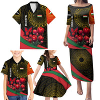 Tajikistan Family Matching Puletasi and Hawaiian Shirt Tulip with Red Floral Butterfly with Black Gold Folk Pattern