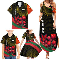 Tajikistan Family Matching Summer Maxi Dress and Hawaiian Shirt Tulip with Red Floral Butterfly with Black Gold Folk Pattern