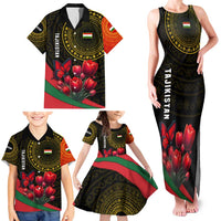 Tajikistan Family Matching Tank Maxi Dress and Hawaiian Shirt Tulip with Red Floral Butterfly with Black Gold Folk Pattern