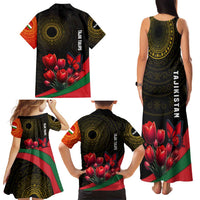 Tajikistan Family Matching Tank Maxi Dress and Hawaiian Shirt Tulip with Red Floral Butterfly with Black Gold Folk Pattern