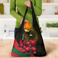 Tajikistan Grocery Bag Tulip with Red Floral Butterfly with Black Gold Folk Pattern