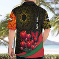 Tajikistan Hawaiian Shirt Tulip with Red Floral Butterfly with Black Gold Folk Pattern