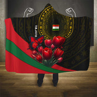 Tajikistan Hooded Blanket Tulip with Red Floral Butterfly with Black Gold Folk Pattern