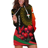 Tajikistan Hoodie Dress Tulip with Red Floral Butterfly with Black Gold Folk Pattern