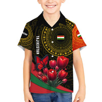 Tajikistan Kid Hawaiian Shirt Tulip with Red Floral Butterfly with Black Gold Folk Pattern