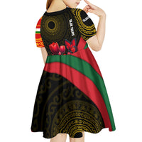 Tajikistan Kid Short Sleeve Dress Tulip with Red Floral Butterfly with Black Gold Folk Pattern