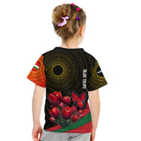 Tajikistan Kid T Shirt Tulip with Red Floral Butterfly with Black Gold Folk Pattern