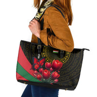 Tajikistan Leather Tote Bag Tulip with Red Floral Butterfly with Black Gold Folk Pattern