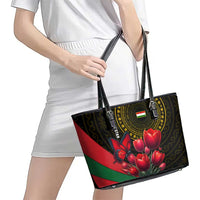 Tajikistan Leather Tote Bag Tulip with Red Floral Butterfly with Black Gold Folk Pattern