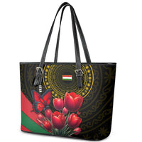 Tajikistan Leather Tote Bag Tulip with Red Floral Butterfly with Black Gold Folk Pattern