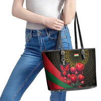 Tajikistan Leather Tote Bag Tulip with Red Floral Butterfly with Black Gold Folk Pattern