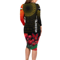 Tajikistan Long Sleeve Bodycon Dress Tulip with Red Floral Butterfly with Black Gold Folk Pattern