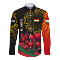 Tajikistan Long Sleeve Button Shirt Tulip with Red Floral Butterfly with Black Gold Folk Pattern