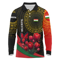Tajikistan Long Sleeve Polo Shirt Tulip with Red Floral Butterfly with Black Gold Folk Pattern