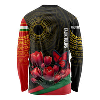 Tajikistan Long Sleeve Shirt Tulip with Red Floral Butterfly with Black Gold Folk Pattern