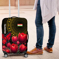 Tajikistan Luggage Cover Tulip with Red Floral Butterfly with Black Gold Folk Pattern